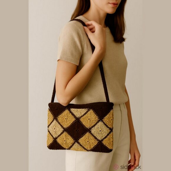 Handbags - Vintage Crochet Patterned Shoulder Bag - Brown, Tan and Beige boho beach vibes